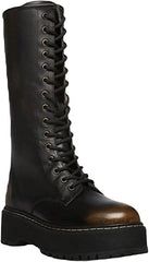 Steve Madden Benson Black Distressed Lace Up Moto Lug Sole Mid Calf Leather Boot