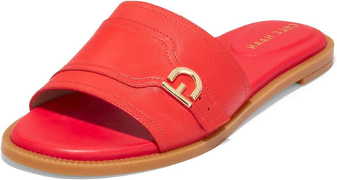 Cole Haan Charlotte Fiery Red Leather Slip On Square Open Toe Flat Slide Sandals