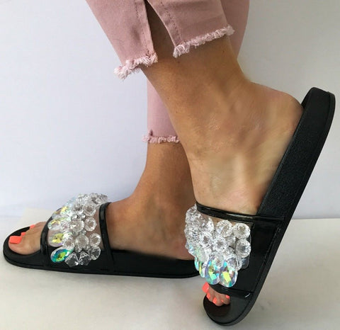 Cape Robbin Moira-63 Black Crystal Embellished Open Toe Slides Sandals Mules