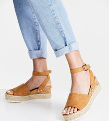 Soda Topic Open Toe Buckle Ankle Strap Espadrilles Flatform Wedge Casual Sandal (6.5, Tan)