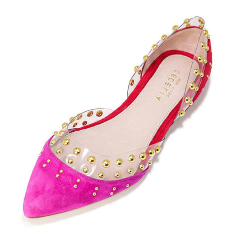 Cecelia New York Min Ballet Flat Clear Pointy Toe Embellished Neon Pink/Ruby Red