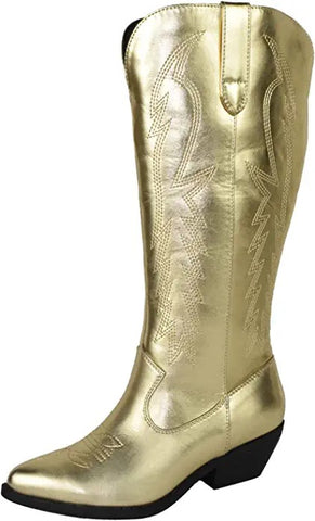 Soda Red Reno Gold-c Stitch Western Pointed Toe Knee High Pull On Western Boots