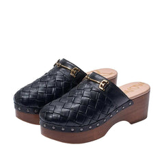 Sam Edelman Hallee Black Leather Rounded Closed Toe Woven Slip On Fashion Clogs