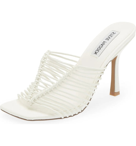 Steve Madden Bonds White Cage Square Toe Stiletto Heel Mules Slide Sleek Sandal