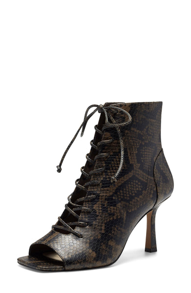 Vince Camuto Eshilliy Dark Brown Snake Print Lace Up Stiletto Open Toe Boots