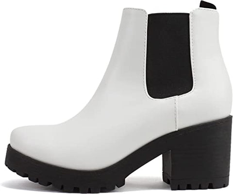 Soda Jaber White Pu Chunky Lug Sole Elastic Gore Pull On Wide Chelsea Ankle Boot