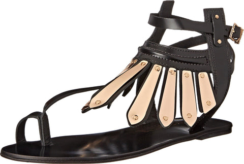 Ivy Kirzhner Soleil Black Leather Fashion Ankle Strap Thong Flat Gold Sandals 7