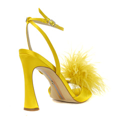 Sam Edelman Leon Ochre Satin Feather Pom Pom Detail Ankle Strap High Heel Sandal