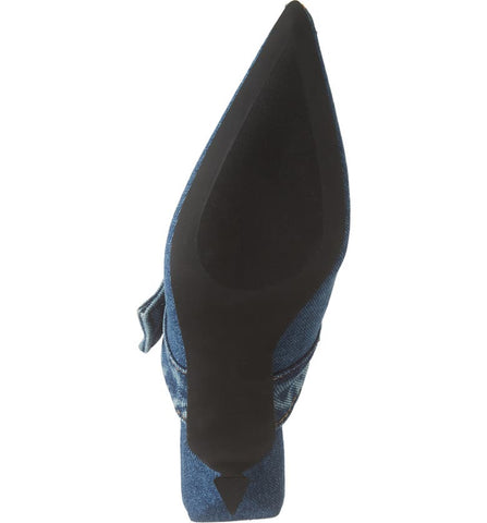 Jeffrey Campbell Genes Blue Denim Pointed Toe Slip On Mule Mid Heel Pumps