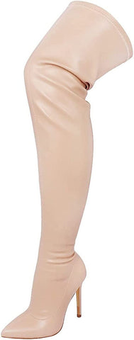 Liliana DB54 Nude-g7 Stiletto Heel Pointed Toe Dress Thigh High Fashion Boots
