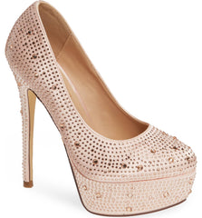 Lauren Lorraine Nude Satin Victoria Platform Formal Rhinestone Pump High Heel