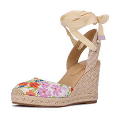 Nine West Multi Floral Tie Up Ankle Wrap Rounded Espadrille Wedge Heeled Sandals