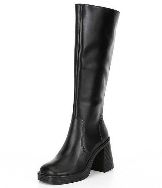 Steve Madden Fanatik Black Leather Block Heel Squared Toe Knee High Boots