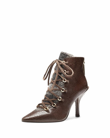 Louise et Cie Vanida Chestnut Grey Leather Lace-Up Pointed Toe Pump Ankle Boots