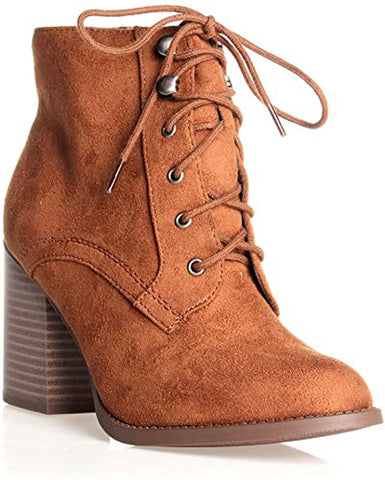 SODA Women Lurk Cute Chunky Lace Up Leatherette Zipper Ankle Bootie Cognac Pu