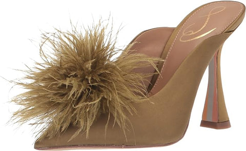 Sam Edelman Anthony Olive Spool Heel Slip On Pointed Toe Feather Detailed Pumps
