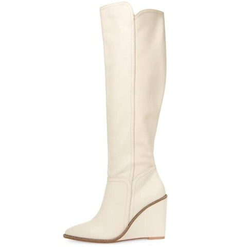 Cecelia New York Riley Cream Knee High Leather Pull-on Wedge Heeled Dress Boots