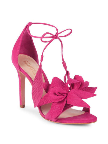 Schutz Thainy Bright Rose Fuschia Pink Suede Stiletto Sandals Flower Tie Up