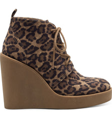 Jessica Simpson Mesila Leopard Wedge Closed Round Toe Lace Up Ankle Booties