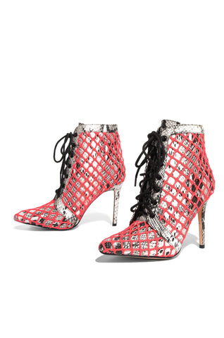 Privileged Volendam White Snake Coral Fishnet Lace Up High Heel Ankle Booties
