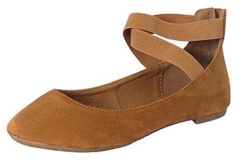 Bella Marie Dana-20 Tan Suede Classic Ballerina Flats w/Elastic Crossing Straps (6)