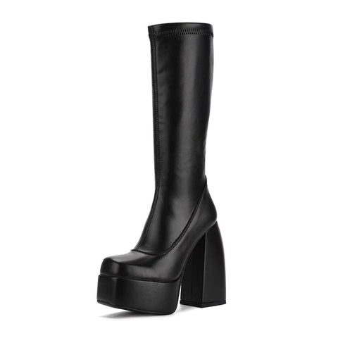 Womens Mid Calf Knee High Boots High Heel Round-Toe Side Zipper Punk Style Shoes Combat Boots For Women