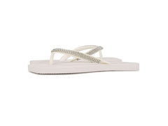 Nine West FLIPS8 White Rhinestones Slip On Flat Flip Flops Thong Beachy Sandals