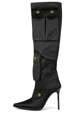 Jeffrey Campbell Pocketed Black Satin Stiletto Heel Embellished Pointed Toe Boot