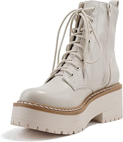 Soda Fling Off White Pu Lace Up Chunky Lug Sole Round Toe Wide Combat Ankle Boot