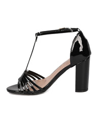 Breckelles Aniston-17 Black Patent PU Open Toe T-Strap Block Heel Retro Sandals
