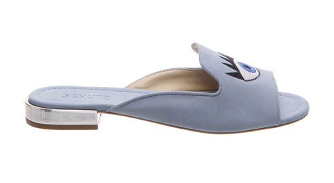 Schutz Daffy Jeans Slide Stitched Eye Design Metallic Low Heeled Sandals