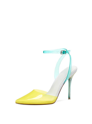 Jessica Simpson Pirrie Yellow Combo Clear Pointed Toe Ankle Strap High Pumps