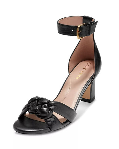 Cole Haan Adella Braid Black Leather Ankle Strap Open Toe Block Heeled Sandals