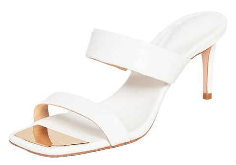 Schutz Aruana White Double Strap Gold Trim Slip On Open Toe High Heel Sandals