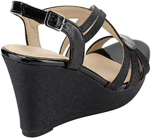 Forever Happy-09 Black Glitter Strappy Wrapped Wedge Heel Platform Sandals