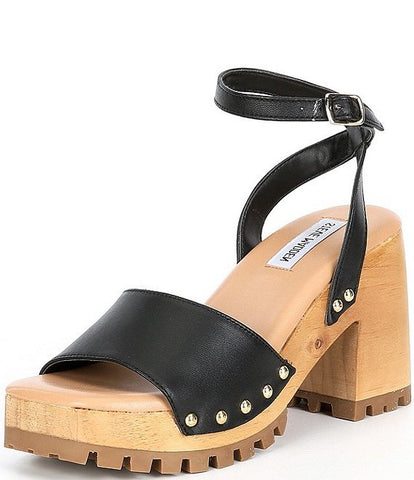 Steve Madden Ocala Black Leather Ankle Strap Squared Open Toe Platform Sandals