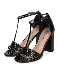 Breckelles Aniston-17 Black Patent PU Open Toe T-Strap Block Heel Retro Sandals