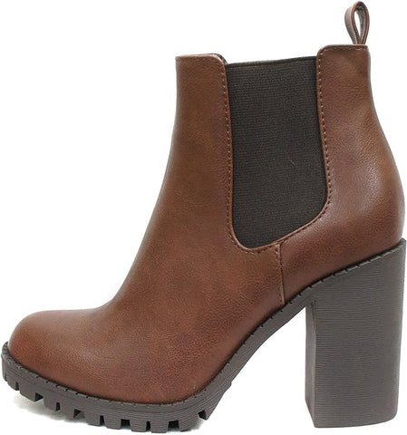 Soda Glove Chelsea w/Lug Sole Elastic Gore Chunky Heeled Ankle Boots Brown