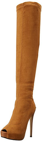 Luichiny Case Closed Camel Tan Over Knee Fitted Stretch Peep Toe Knee High Boots