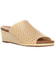 Lucky Brand Jemya Glazed Leather Perforated Open Toe Low Wedge Perforated Mule