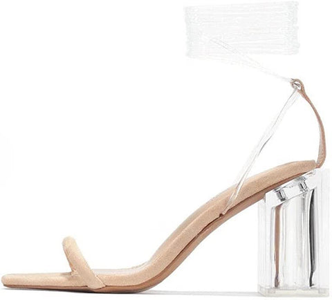 Michelle Parker Lets Tie Up Clear Chunky Strappy Block Heel Transparent Sandals