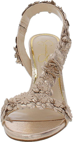 Jessica Simpson Jessin Gold Leather Open Toe Flower Strap High Heel Dress Sandal