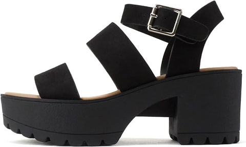 Soda Account Black Suede Ankle Strap Round Open Toe Strappy Block Heeled Sandals