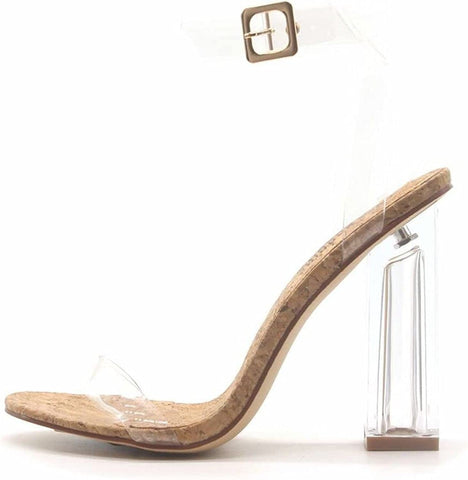 Cape Robbin Maria-2 Cork Clear Block High Heel Transparent Open Toe Pumps