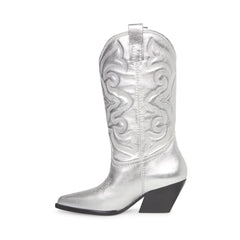 Steve Madden West Silver Leather Pull On Pointed Toe Block Heel Western Boots