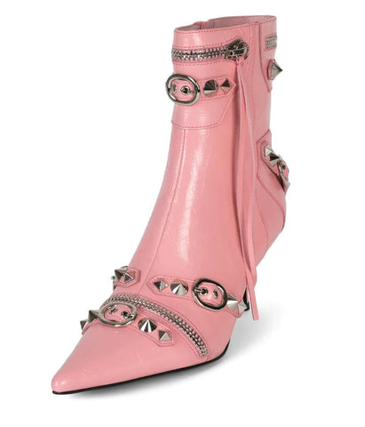 Jeffrey Campbell Alt-Rock Pink Crinkle Silver Kitten Heel Pointy Toe Spiky Boots