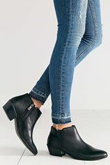 Sam Edelman Petty Black Leather Round Toe Stacked Heeled Boot Ankle Bootie