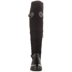 Caliente PartyBus Black Vegan Leather Suede Stacked Heel Over The Knee Boots
