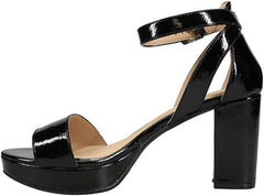 Chinese Laundry Go On Black Patent Ankle Strap Open Toe Block Heeled Sandals