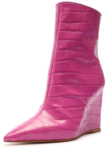 Schutz Asya Very Pink Croc-Embossed Side Zip Pointed Toe Wedge Heel Boots